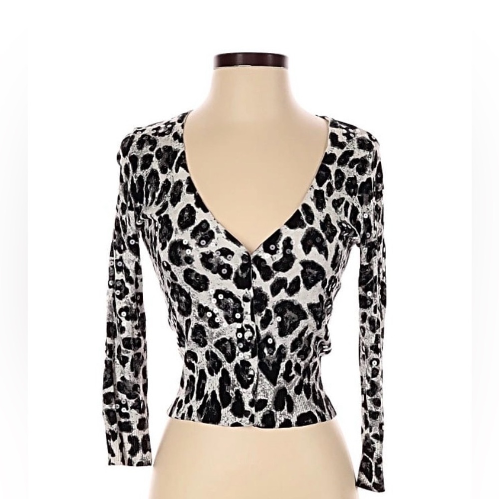 INC International Concepts Leopard Print Sequin Button-Front Top Size Small